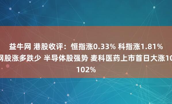益牛网 港股收评：恒指涨0.33% 科指涨1.81% 科网股涨多跌少 半导体股强势 麦科医药上市首日大涨102%